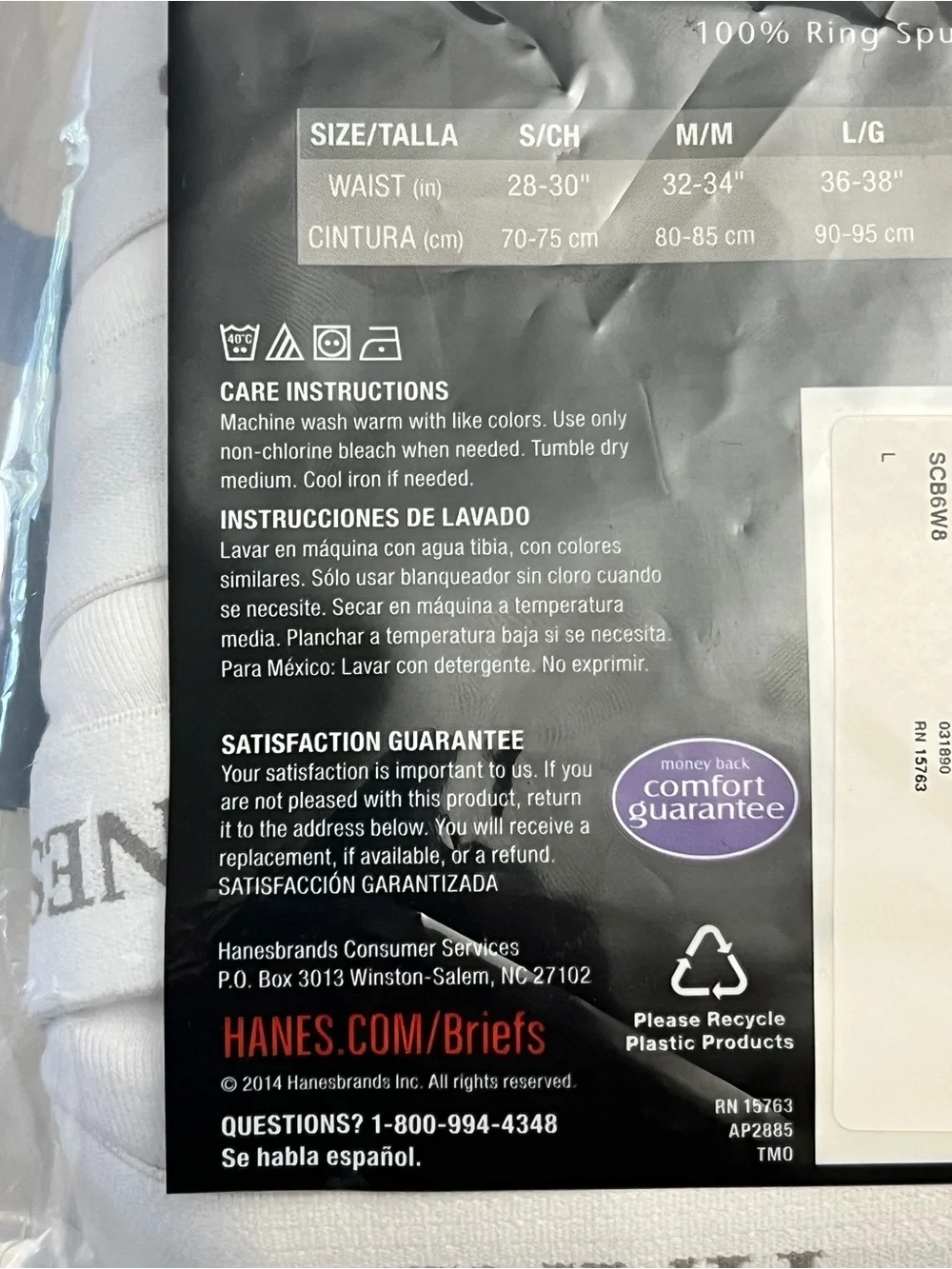 Hanes Best Men’s Tagless White Briefs 8 Pack Size Large 36-38 Comfort Flex NIP